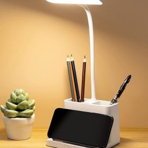 SaleOn Plastic Rechargeable LED Desk Lamp for Students,Home & Office|Touch Control Table Lamp with 3 Color Modes|6 Month Warranty|Phone & Pen Holder Desk Organizer|Study & Reading Light,White